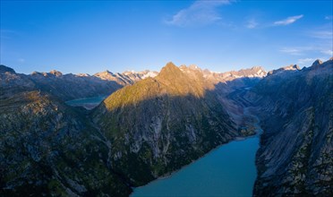 Aerial view over Lake Grimsel and the Bernese Alps in the Canton of Bern