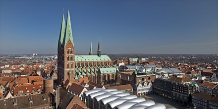 Bird's eye view of the old town with St. Mary's Church and striking roof of Peek and Cloppenburg