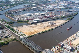 Aerial view of the area of the new Grasbrook district of Hamburg