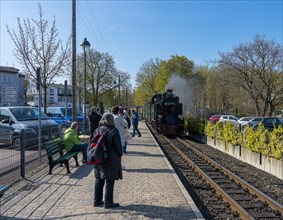 The historic railway Rasender Roland at Baabe station on the holiday island of Ruegen