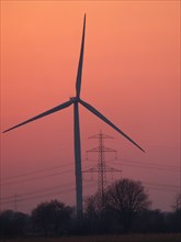 Wind turbine and high-voltage power line against the evening sky in Hamburg's Vier- und Marschlanden