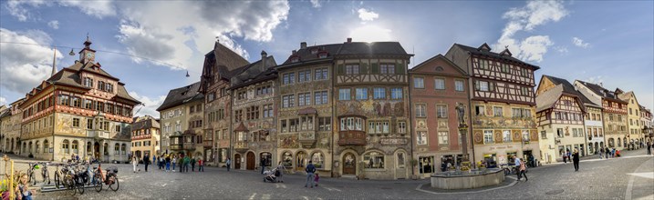 Panorama of the town hall square with the old historic painted houses and town hall
