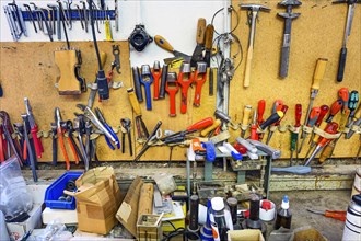 Workbench with tools in a saddlery in Allgaeu