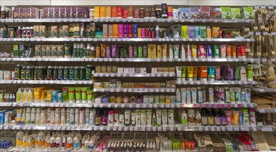 Shelves with care products in an organic supermarket