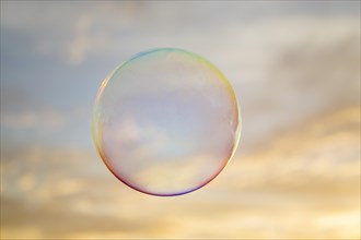 A soap bubble floating outdoors at sunset
