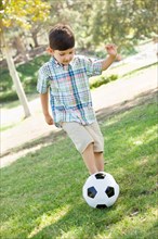 Cute young boy playing with soccer ball outdoors in the park