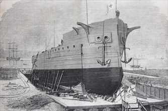 Das Panzerschiff Friedrich der Grosse auf dem Stapel in der Werft von Kiel