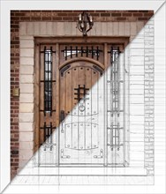 Before and after of custom house front door blueprint drawing to finished construction