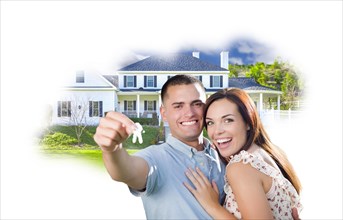 Military couple with keys over house photo in cloud on white background