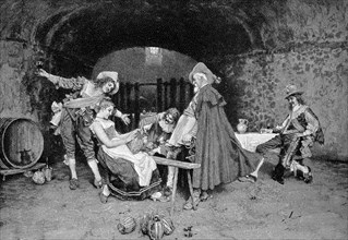 Gesellschaft in einem Weinkeller im Mittelalter