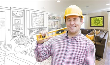 Smiling contractor in hard hat with level over custom living room drawing and photo combination