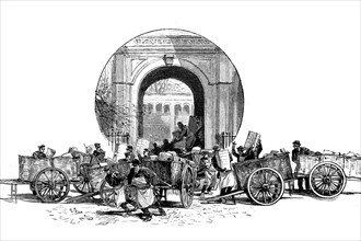 Buchhaendlerkarren vor dem Tor der Verlagshaus der Zeitschrift Gartenlaube im Jahre 1890