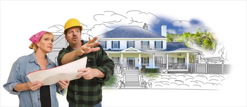Contractor talking with customer over custom home drawing and photo combination