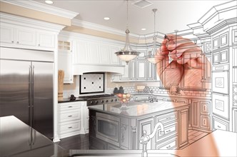 Hand drawing custom kitchen design with gradation revealing photograph