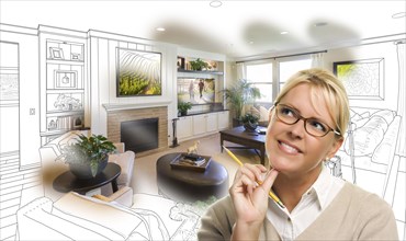 Woman with pencil over living room design drawing and photo combination