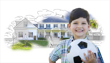 Cute smiling young boy holding soccer ball in front of house sketch photo combination