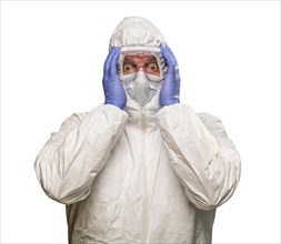 Man holding head with hands wearing HAZMAT protective clothing isolated on A white background