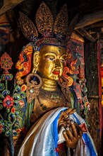 Maitreya Buddha statue close up Tibetan monastery Thiksey Gompa. Ladakh