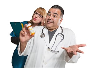 Goofy doctor and nurse with prescription bottle isolated on a white background