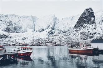 Ship fishing boat in Hamnoy fishing village on Lofoten Islands