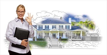 Woman with okay sign and file folder over house drawing and photo combination on white
