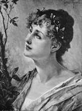 Portraet einer jungen eleganten Frau mit einem Blaetterkranz im Haar