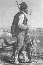Shepherd with pipe and shepherd's crook and with his shepherd dog from Campania