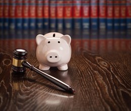 Gavel and piggy bank on wooden table with law books in background
