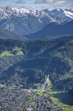 View over Garmisch-Partenkirchen with ski jump and Wetterstein Mountains