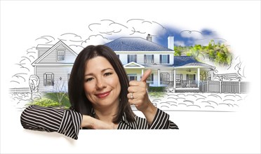 Hispanic woman with thumbs up over house drawing and photo combination on white