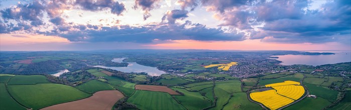 Sunset over Devon Fields and Farmlands from a drone