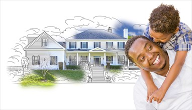 mixed-race father and son over house drawing and photo combination on white