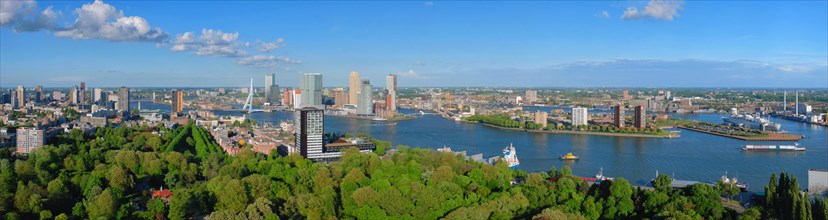 Aerial panorama of Rotterdam city and the Erasmus bridge Erasmusbrug over Nieuwe Maas river from Euromast