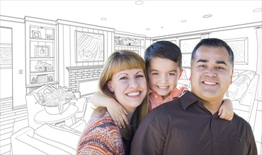Happy young mixed-race family over custom living room drawing on white