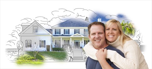 Happy hugging couple over house drawing and photo combination on white