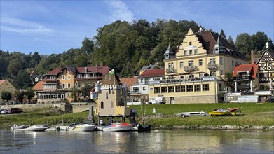 View from the Elbe ferry to the Manufaktur Hotel Stadt Wehlen and Cafe Richter