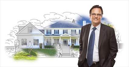Man wearing suit and neck tie over house drawing and photo combination on white