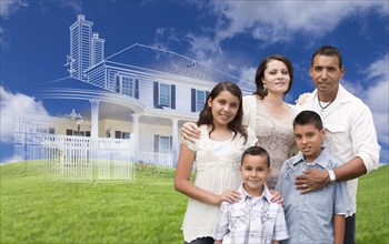 Hispanic family with ghosted house drawing