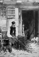 Der Grossvater bereitet den Weihnachtsbaum vor und wird dabei von seinen Enkeln heimlich beobachtet