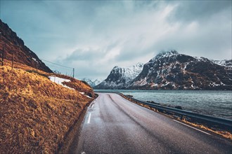 Road in Norwegian fjord. Lofoten islands