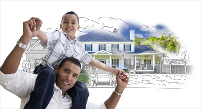 Hispanic father and son over house drawing and photo combination on white