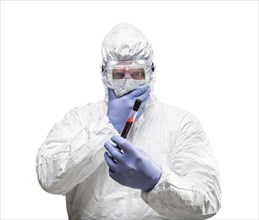 Man wearing HAZMAT protective clothing holding test tube filled with blood isolated on A white background