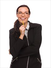 mixed-race businesswoman holding pencil looking to the side isolated on a white background