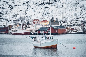 Ship fishing boat in Hamnoy fishing village on Lofoten Islands
