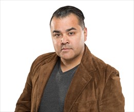 Handsome young hispanic male headshot portrait against white background