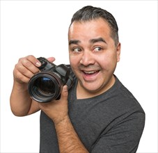 Goofy hispanic young male with DSLR camera isolated on a white background