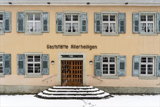 Entrance to the restaurant at All Saints' Monastery in winter