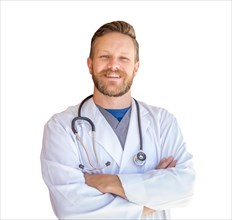 Handsome young adult male doctor with beard isolated on A white background