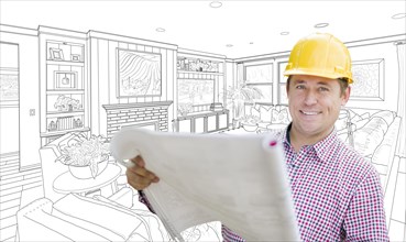 Smiling contractor holding blueprints over custom living room drawing