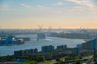 View of Rotterdam port and Nieuwe Maas river with cruise liner ship on sunset